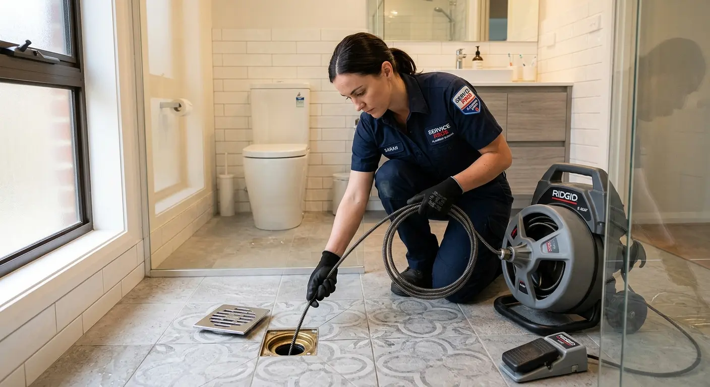 Technician clearing a bathroom floor drain for Clogged Drain Repair in West Haven-Sylvan